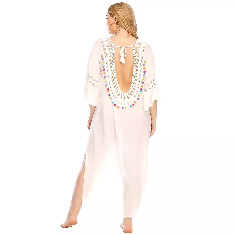 Plus Size White Beach Cover Up Summer Dress Cotton Tunic Beach Kaftan Women Beachwear Backless Swimsuit Cover Up Robe de plage B