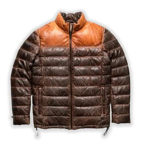 Quilted Dual Tone Brown Leather Puffer Jacket