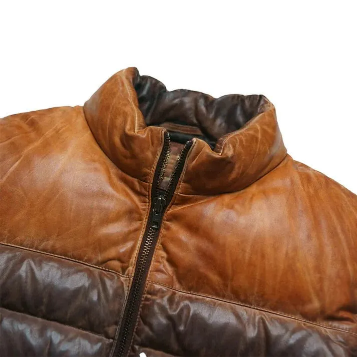 Quilted Dual Tone Brown Leather Puffer Jacket