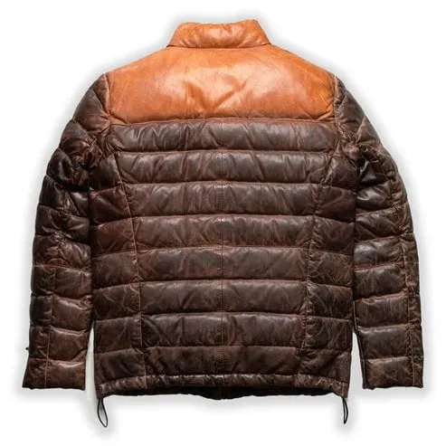 Quilted Dual Tone Brown Leather Puffer Jacket