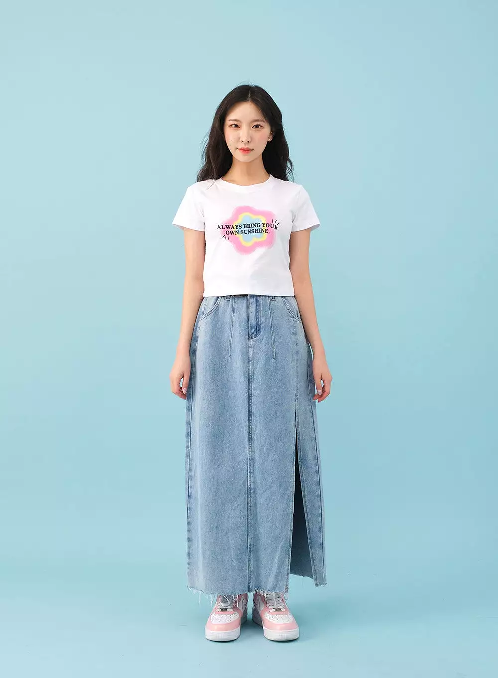 Side Slit Belted Denim Maxi Skirt BJ08