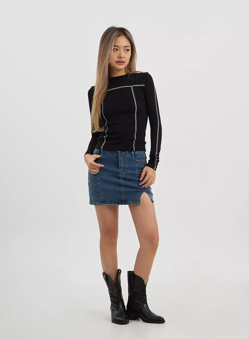 Side Slit Denim Mini Skirt CJ325