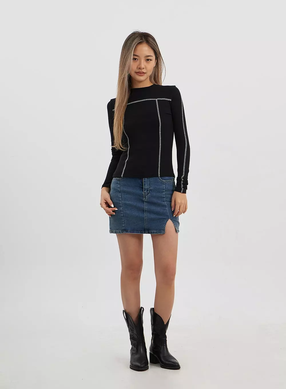 Side Slit Denim Mini Skirt CJ325