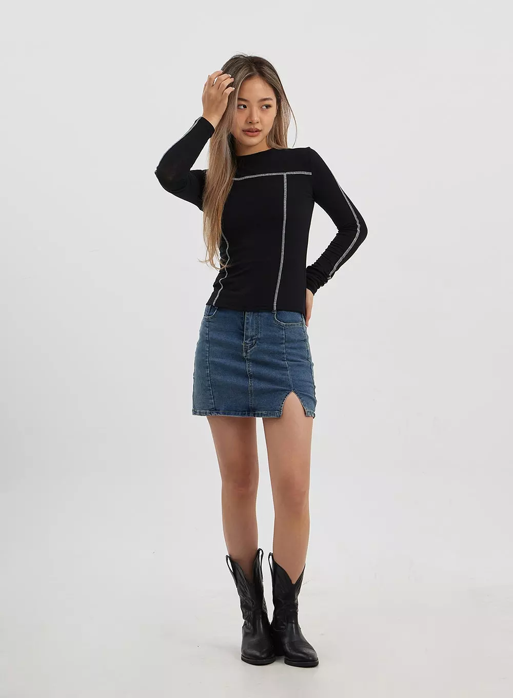 Side Slit Denim Mini Skirt CJ325