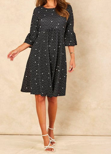 Signage Flute Sleeve Star And Spot Printed Skater Dress