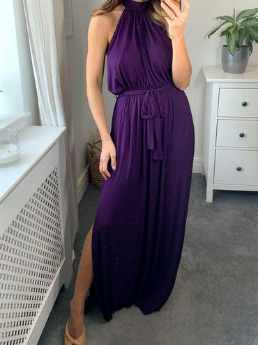 Signage Halter Neck Split Leg Maxi Dress With Belt - Purple