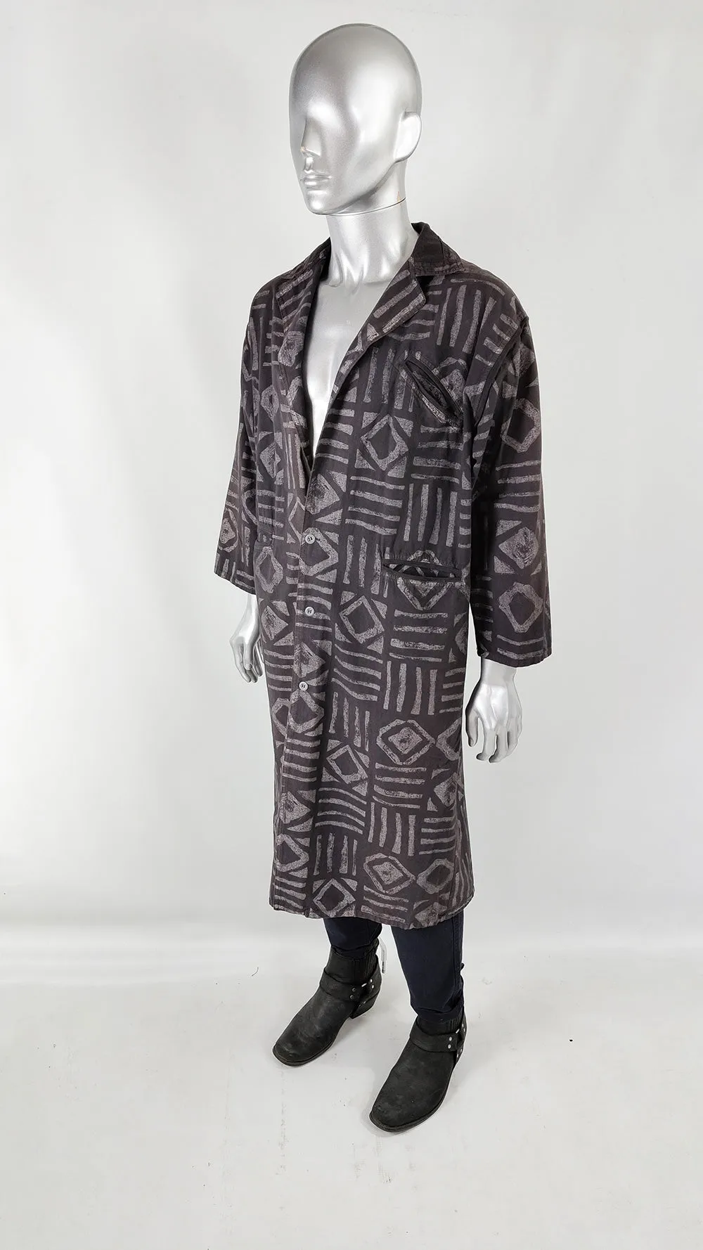 Sing Sing of Ibiza Vintage Mens Tribal Print Maxi Coat, 1980s