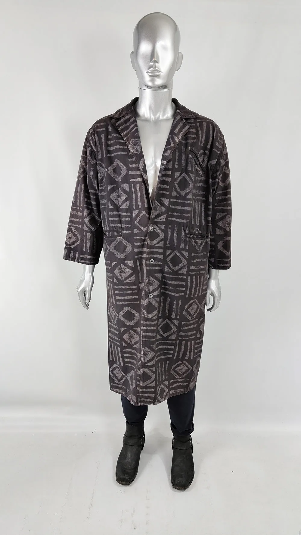 Sing Sing of Ibiza Vintage Mens Tribal Print Maxi Coat, 1980s