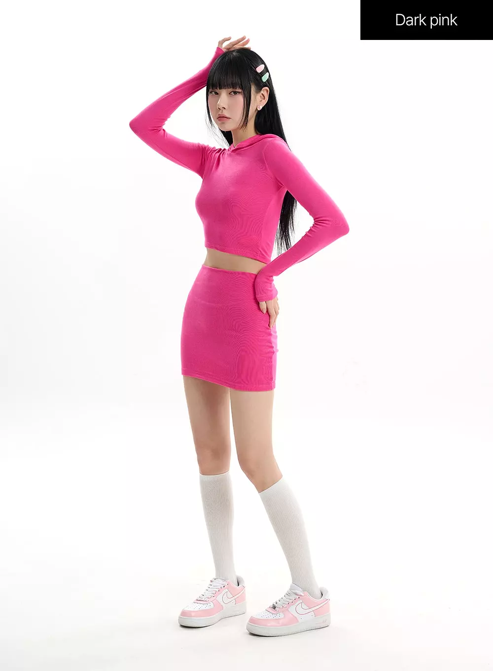 Solid Long Sleeve Hoodie & Mini Skirt Set IF413