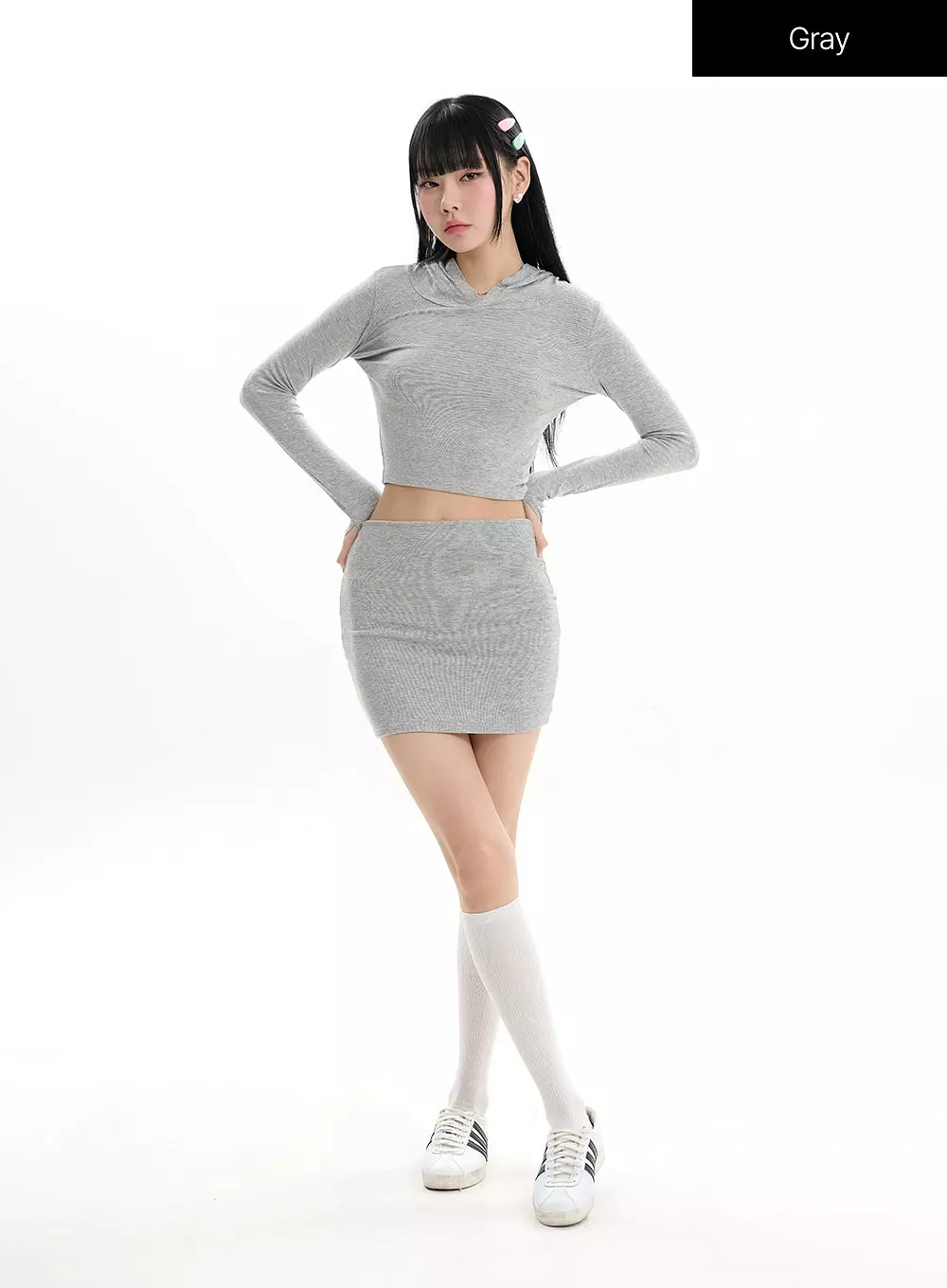 Solid Long Sleeve Hoodie & Mini Skirt Set IF413