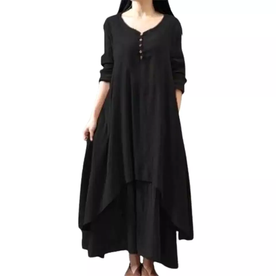 Spring Summer Women Long Cotton Linen Dress X317710