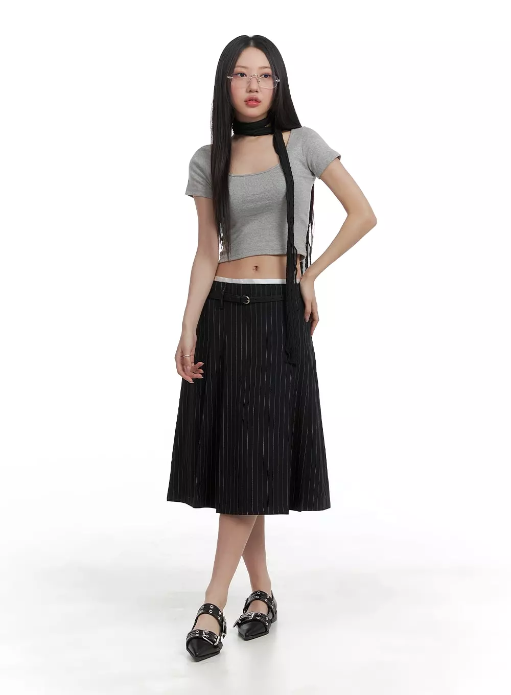 Stripe Pintuck Midi Skirt CA409