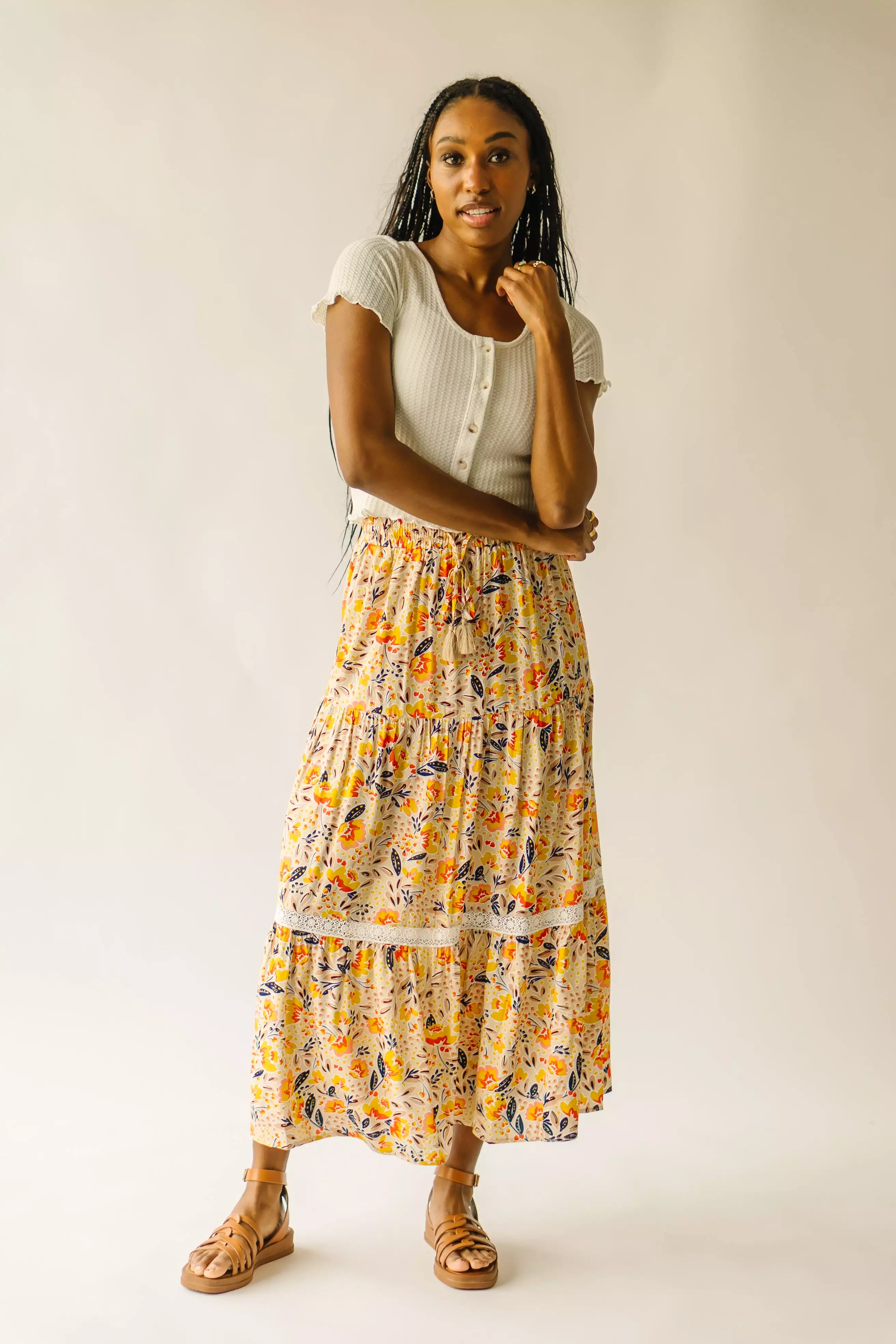 The Blakely Tiered Maxi Skirt in Cream Multi