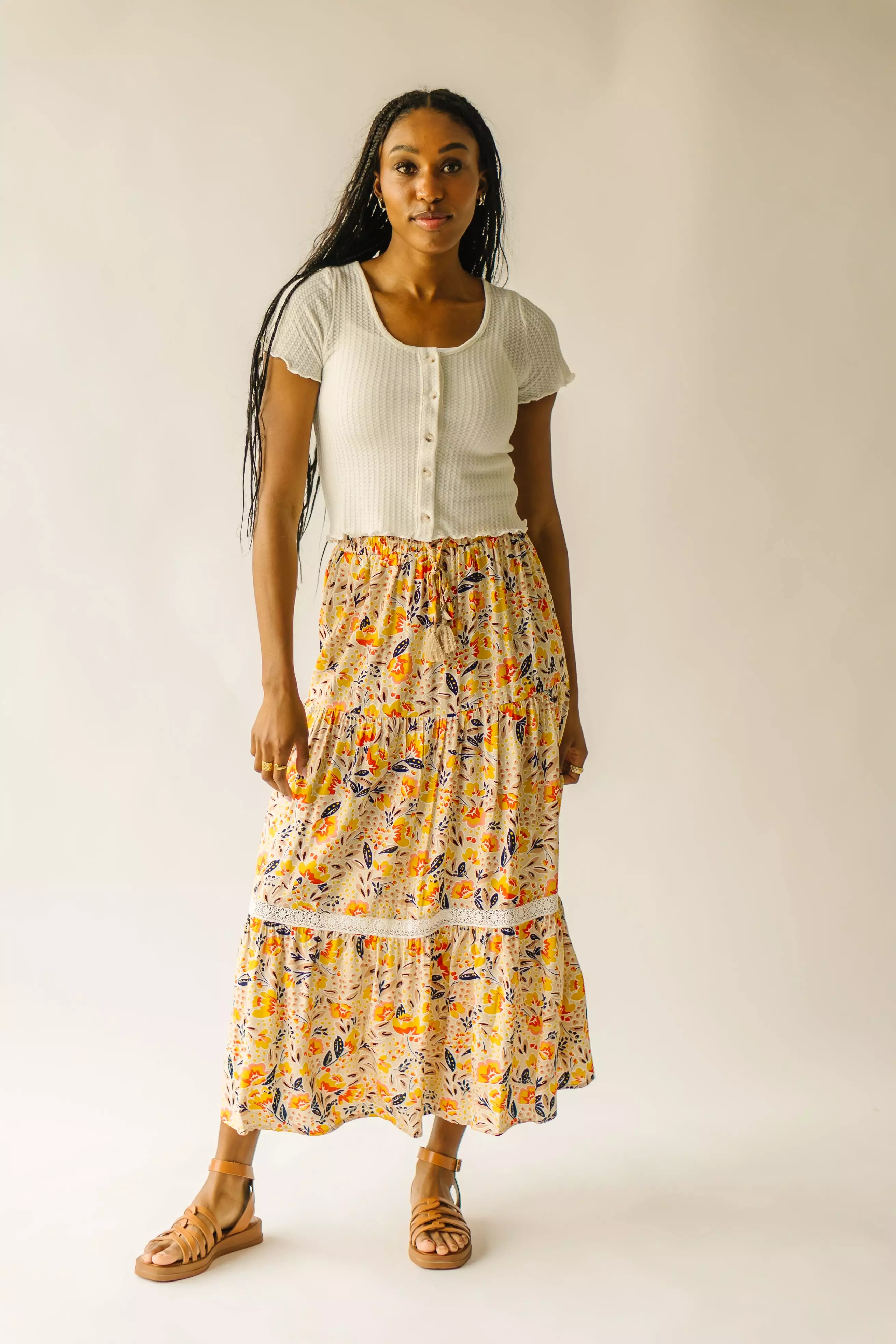 The Blakely Tiered Maxi Skirt in Cream Multi