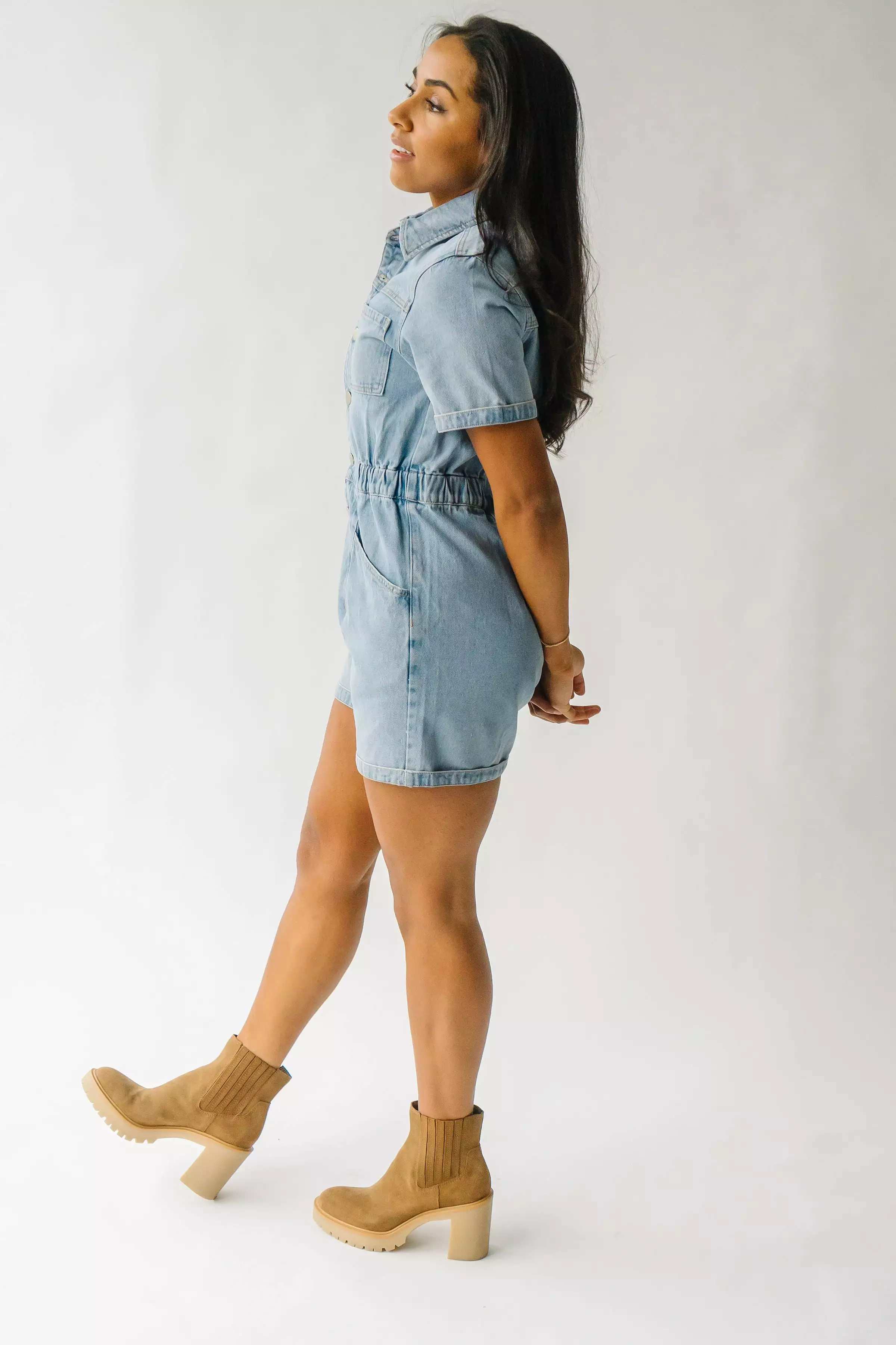 The Oxland Button Up Shorts Romper in Denim