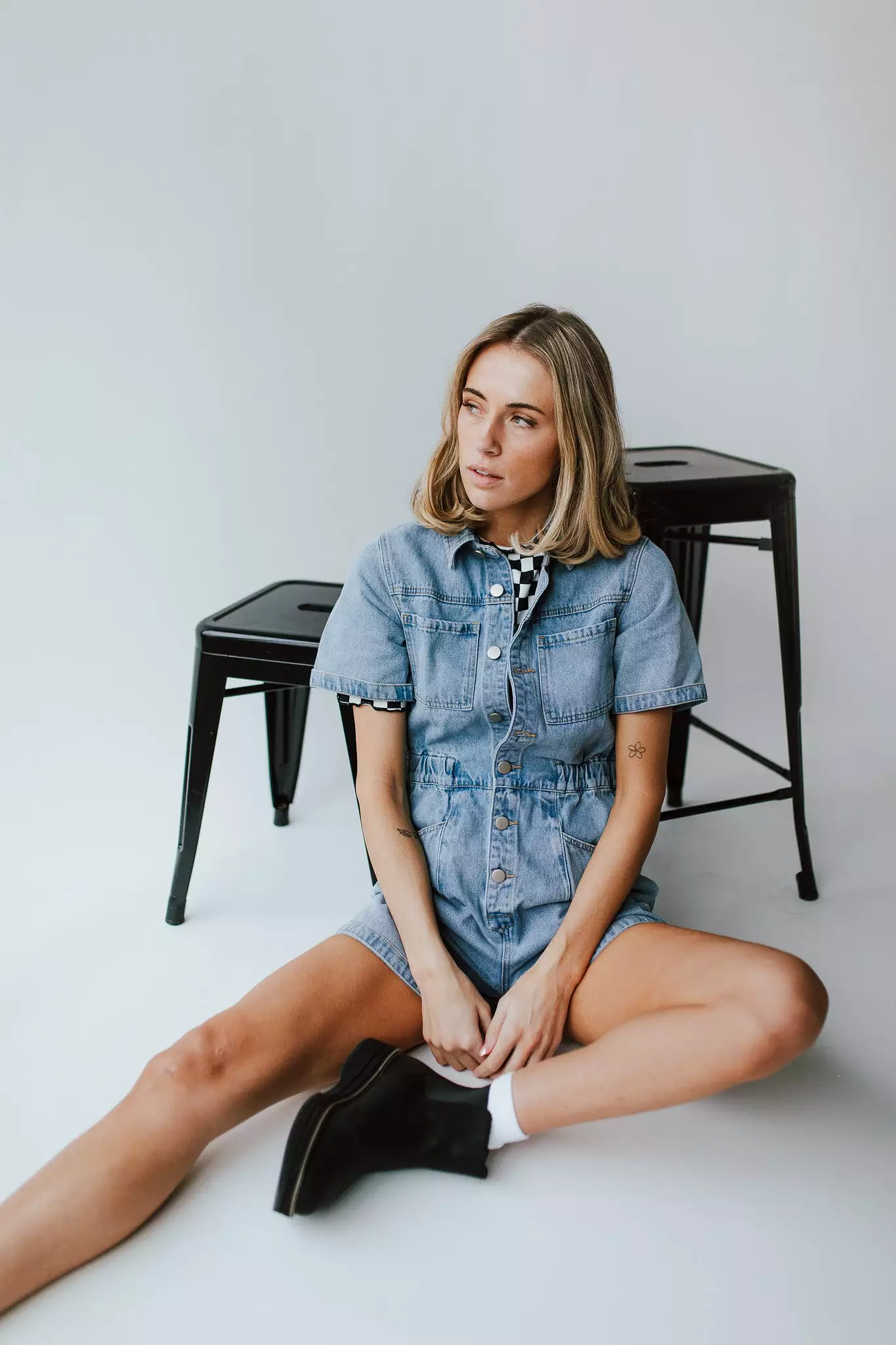 The Oxland Button Up Shorts Romper in Denim