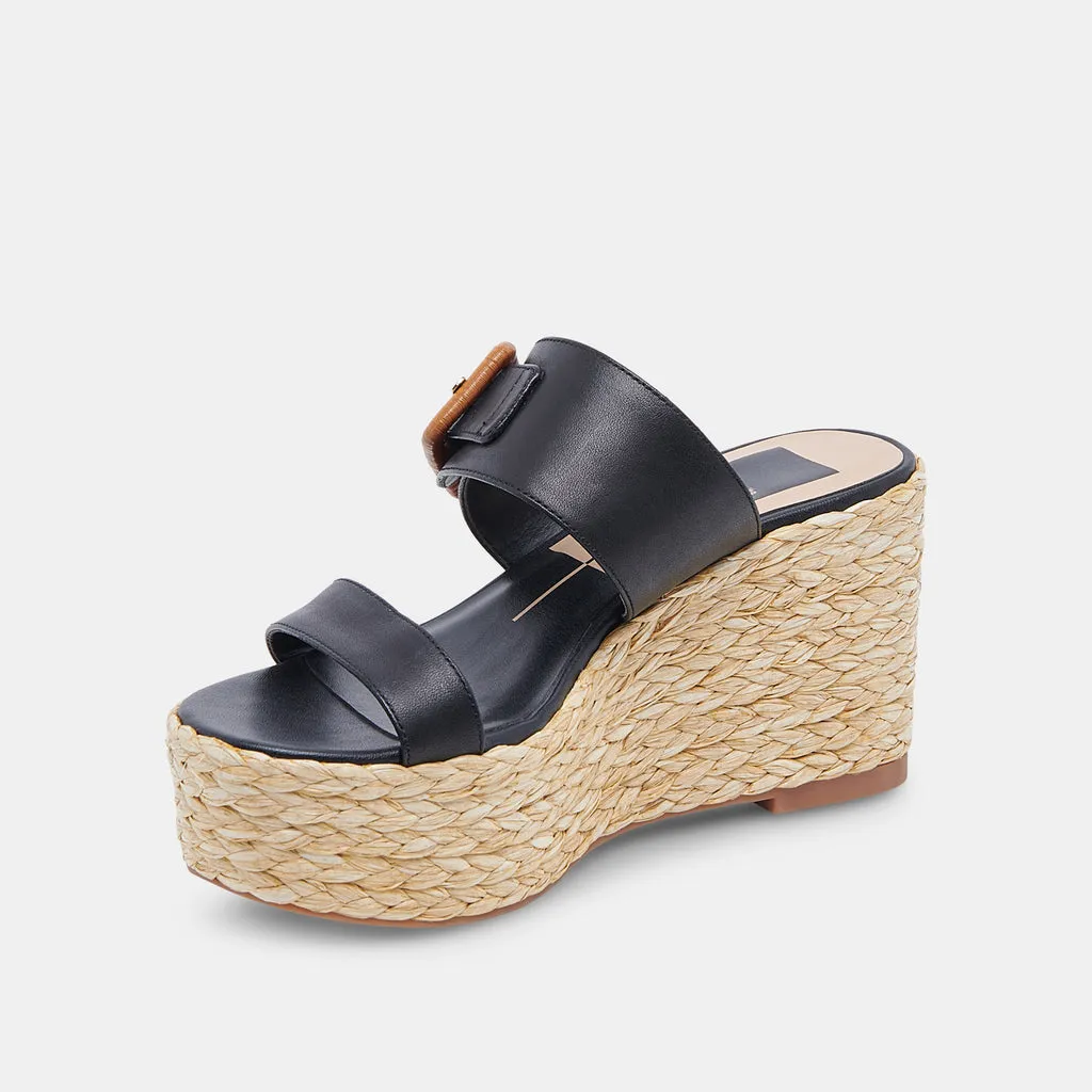 THORIN Wedges Black Leather | Women's Raffia Platform Wedges– Dolce Vita 6886736363586