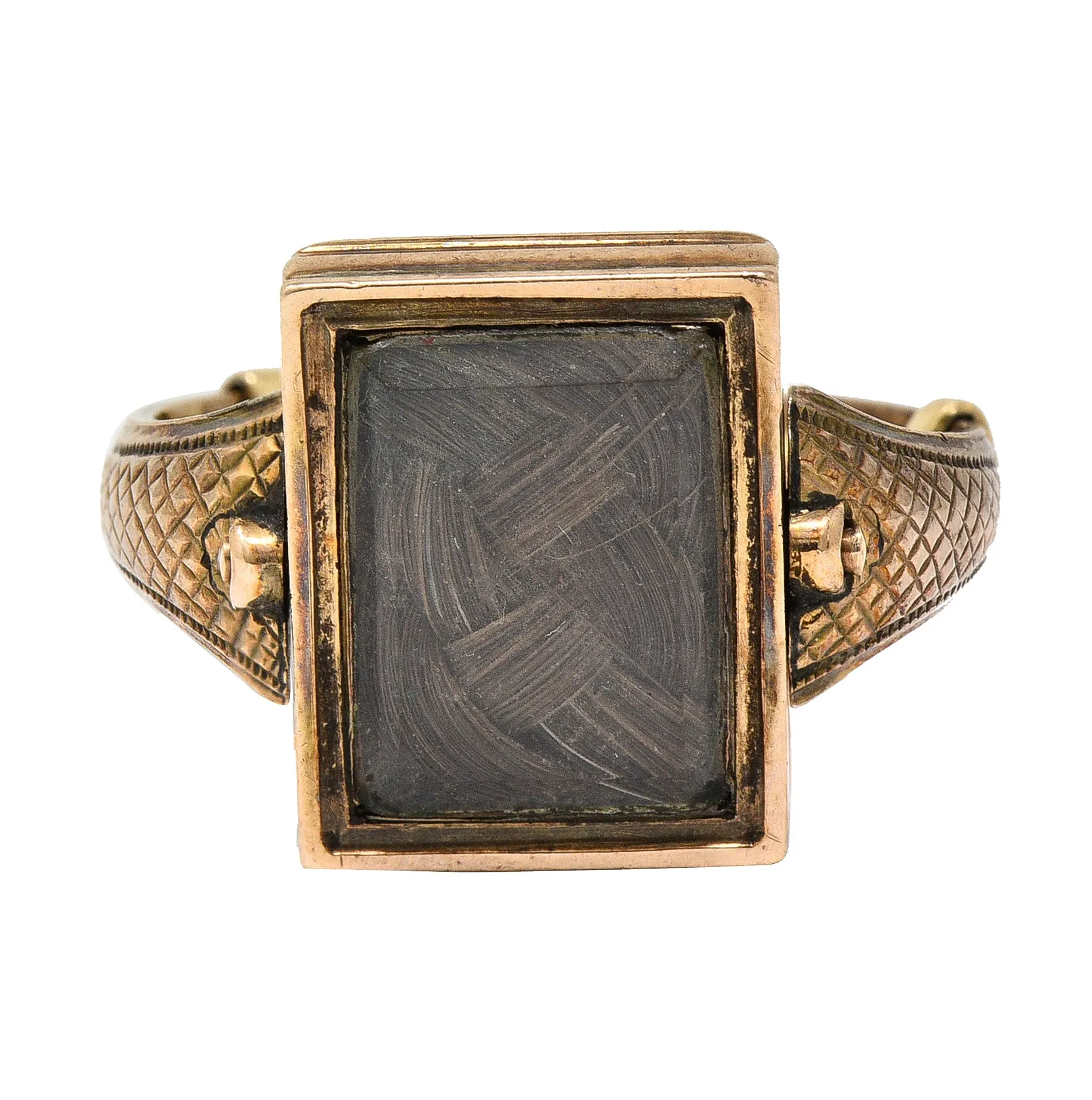 Victorian Mourning Quartz Braided Hair 14 Karat Gold Cross Antique Flip Ring