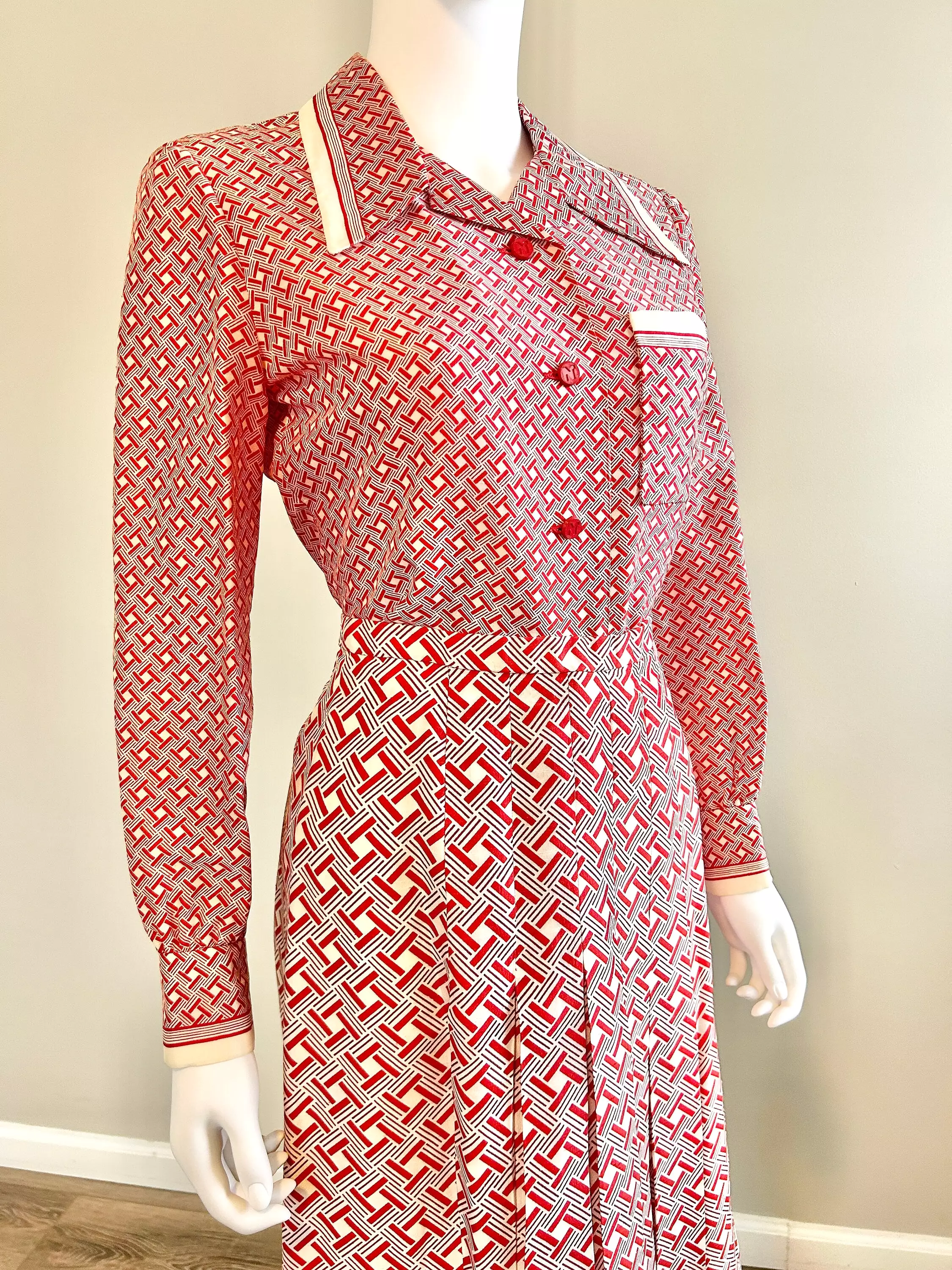 Vintage 1970s Nina Ricci Red Geometric Skirt and Blouse Set / 70s Couture / Size S