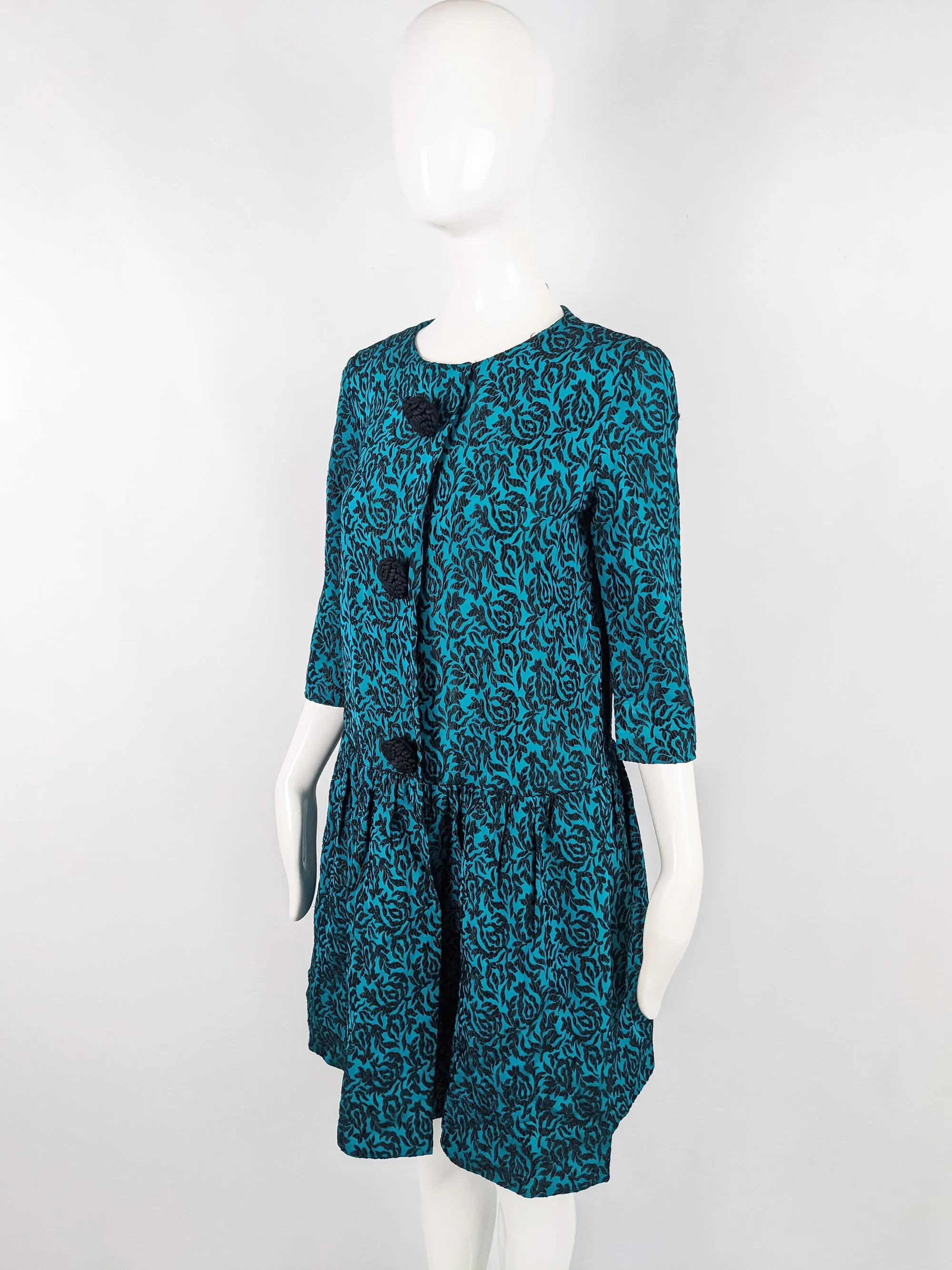 Vintage Blue & Black Brocade Oversized Coat, 1960s