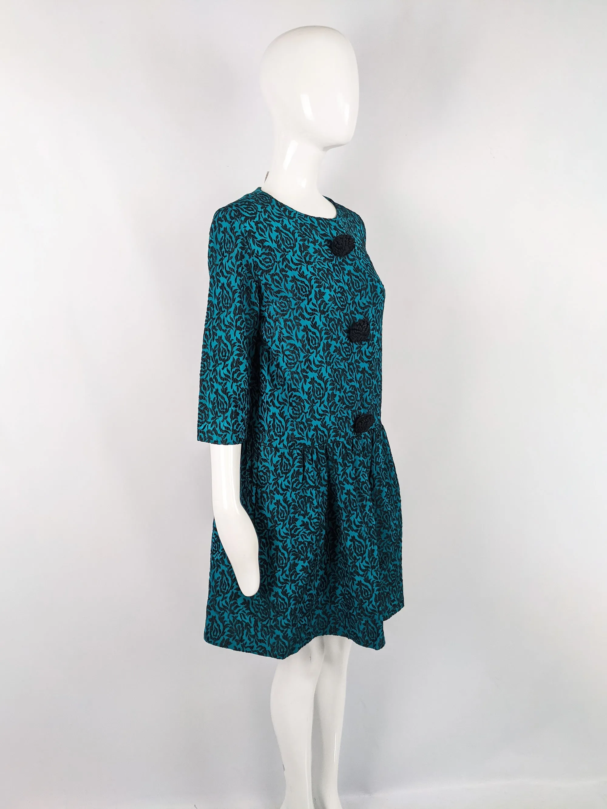 Vintage Blue & Black Brocade Oversized Coat, 1960s