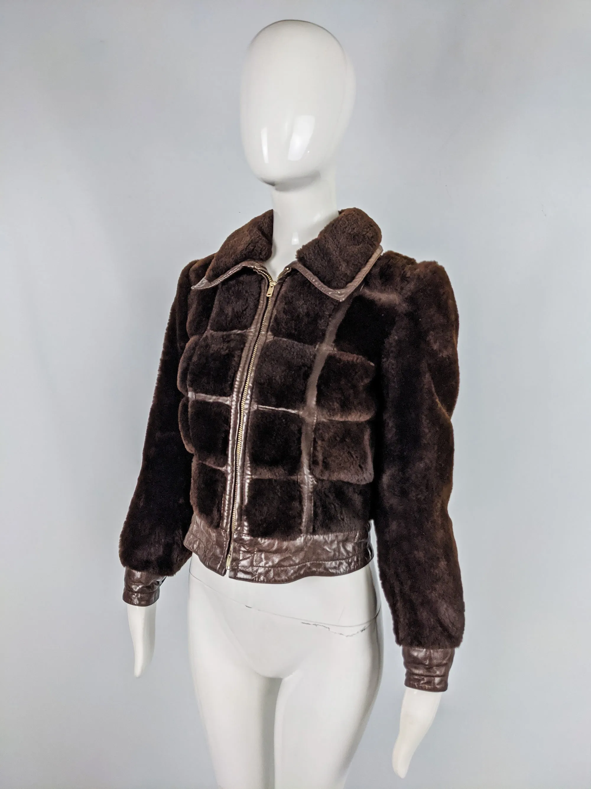 Vintage Brown Shearling & Leather Trim Coat, 1980s