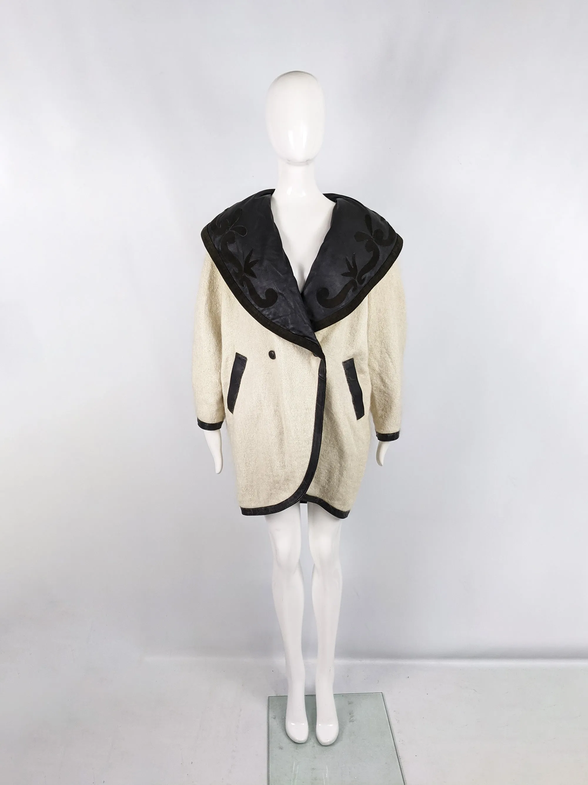 Vintage Cream Kid Mohair Faux Leather Collar Cocoon Coat, 1980s