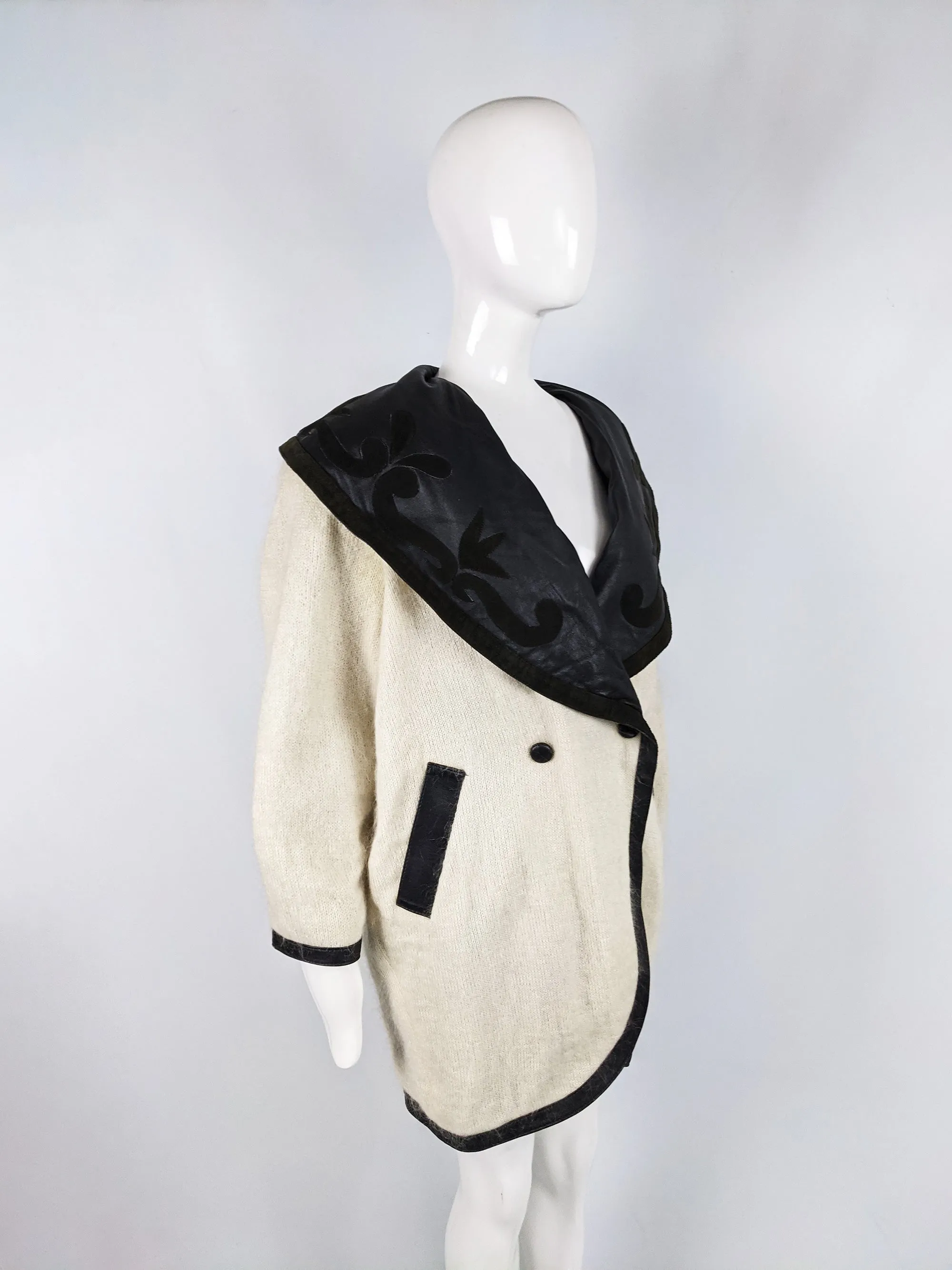 Vintage Cream Kid Mohair Faux Leather Collar Cocoon Coat, 1980s