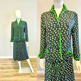 Vintage early 1940's Floral Cold Rayon Skirt Suit / 40s Navy Blue Suit / Size M L