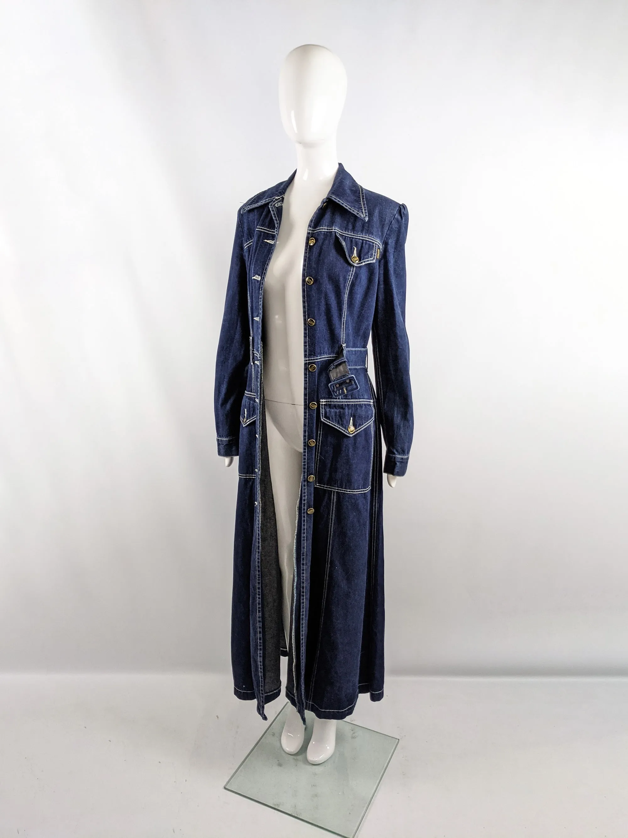 Vintage Full Length Belted Denim Maxi Coat, 1990s