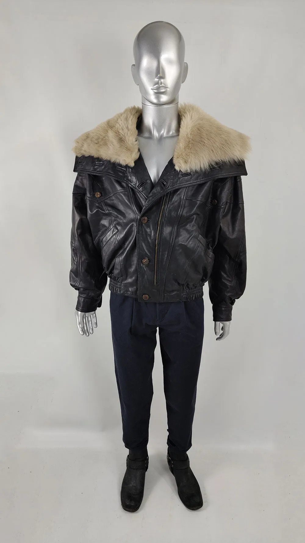 Vintage Mens Cecil Gee Leather & Faux Fur Coat, 1980s