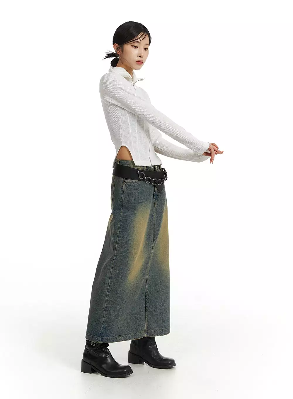 Vintage Washed Denim Maxi Skirt CJ431