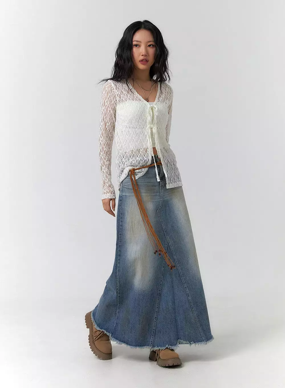 Vintage Washed Raw Hem Maxi Skirt CF405