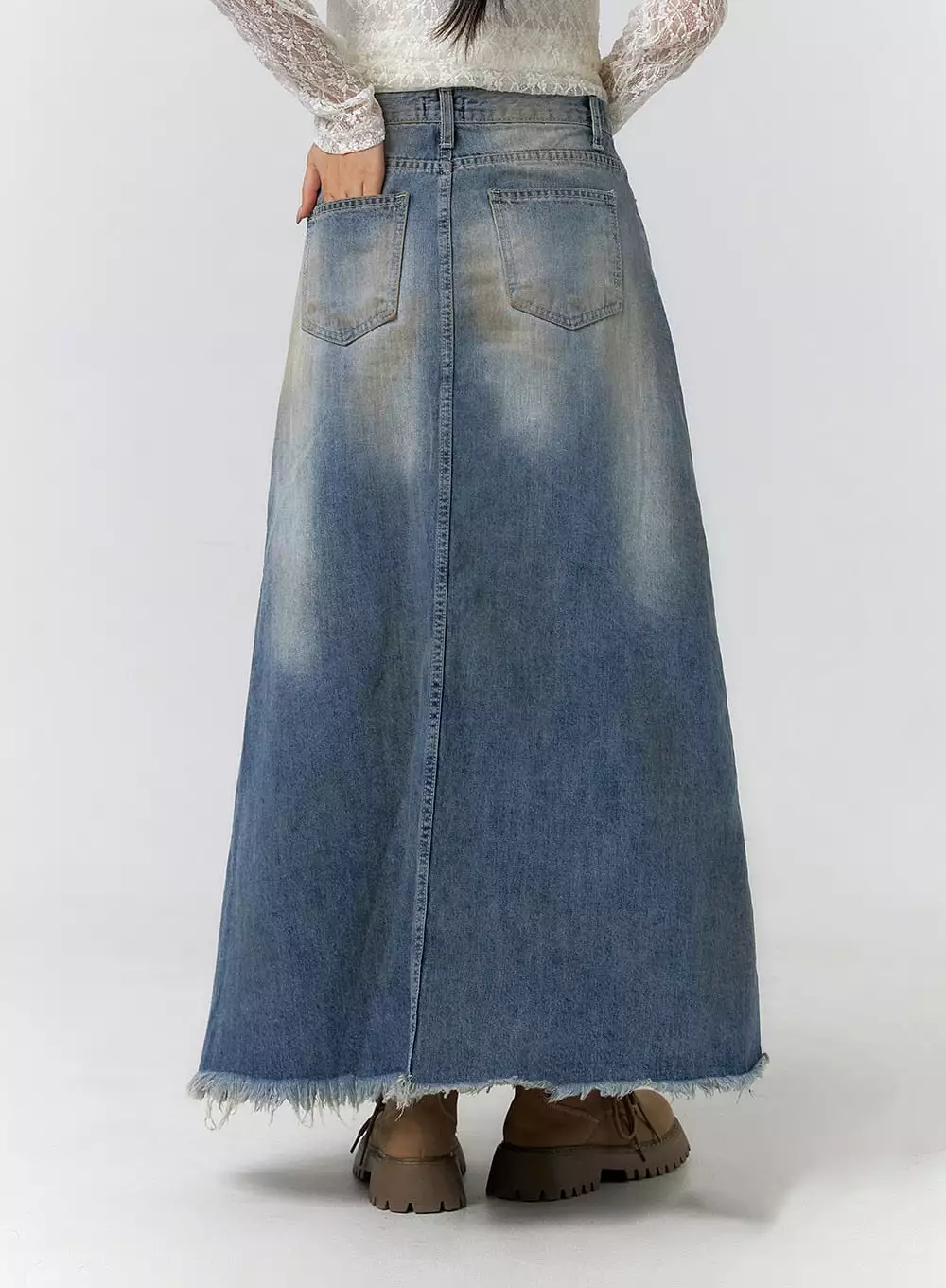 Vintage Washed Raw Hem Maxi Skirt CF405