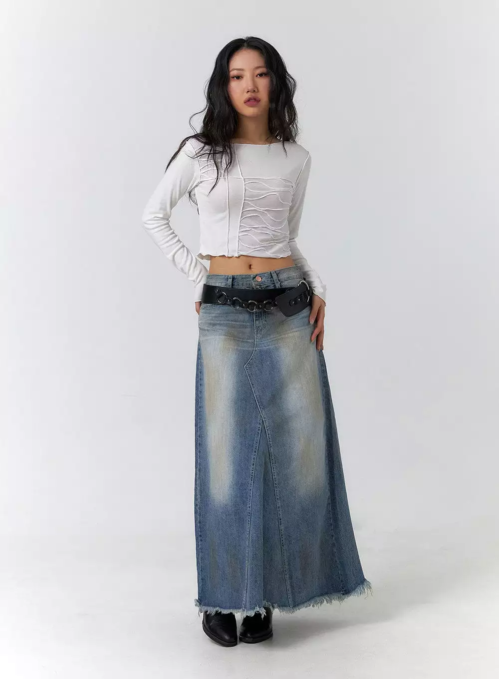 Vintage Washed Raw Hem Maxi Skirt CF405