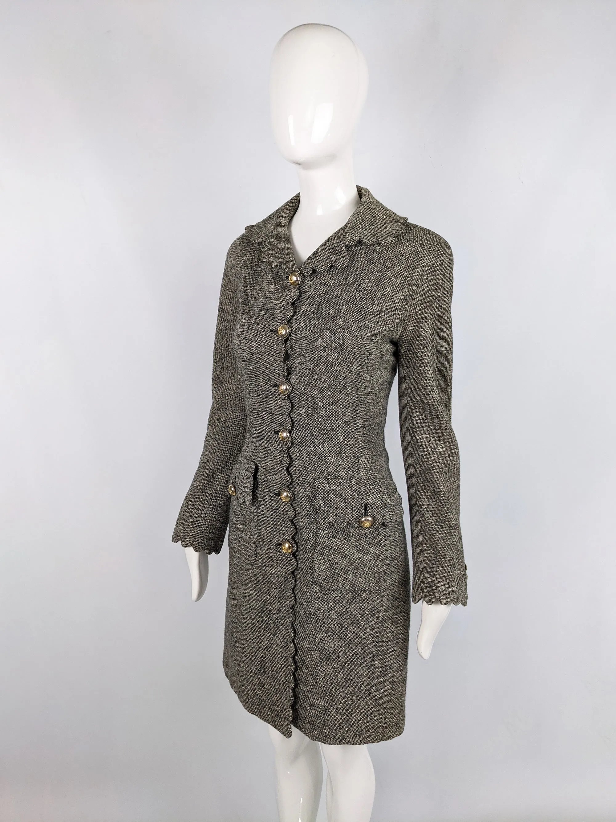 Vintage Womens Scalloped Edge Grey Wool Tweed Coat, 1990s