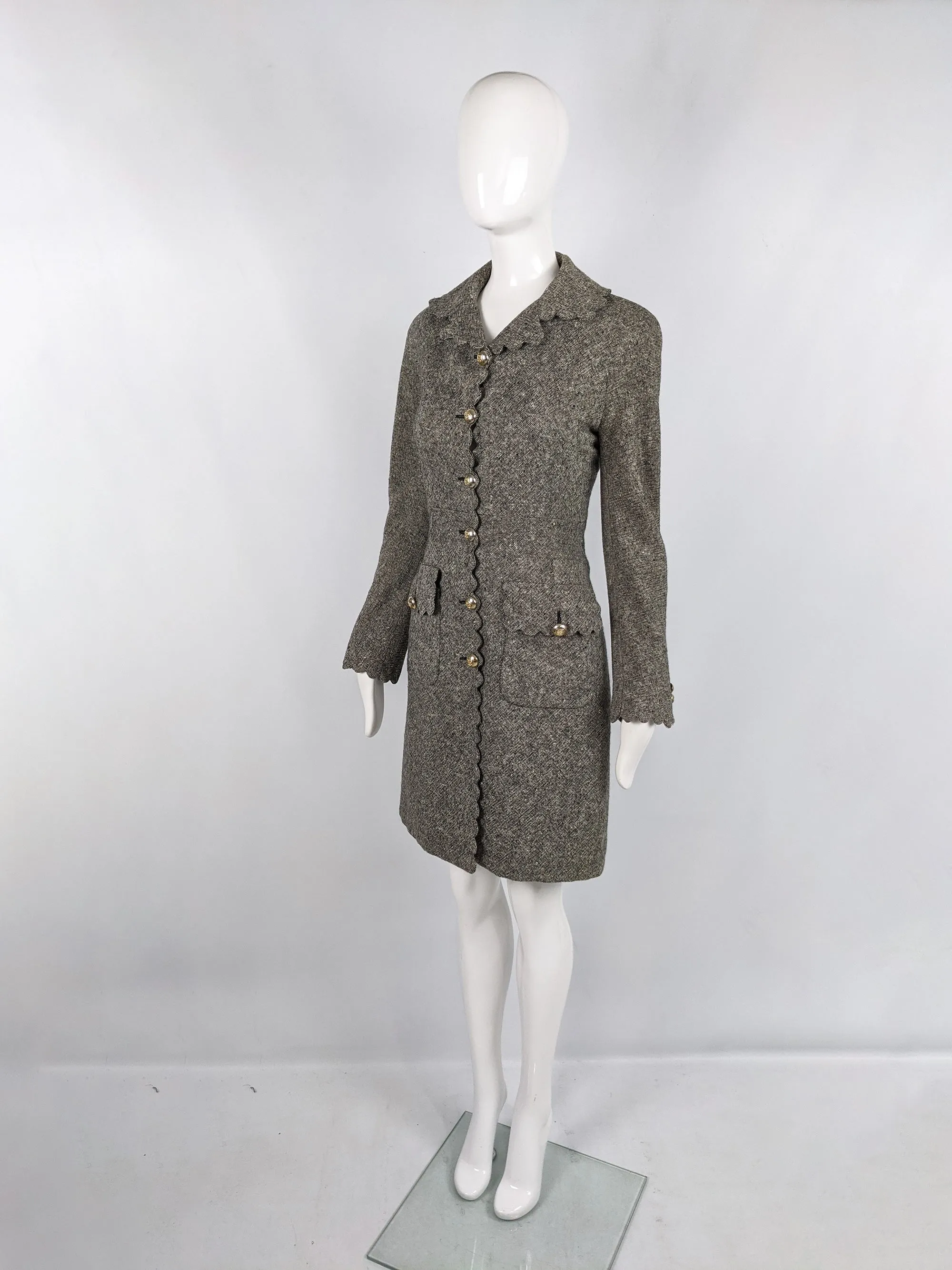 Vintage Womens Scalloped Edge Grey Wool Tweed Coat, 1990s