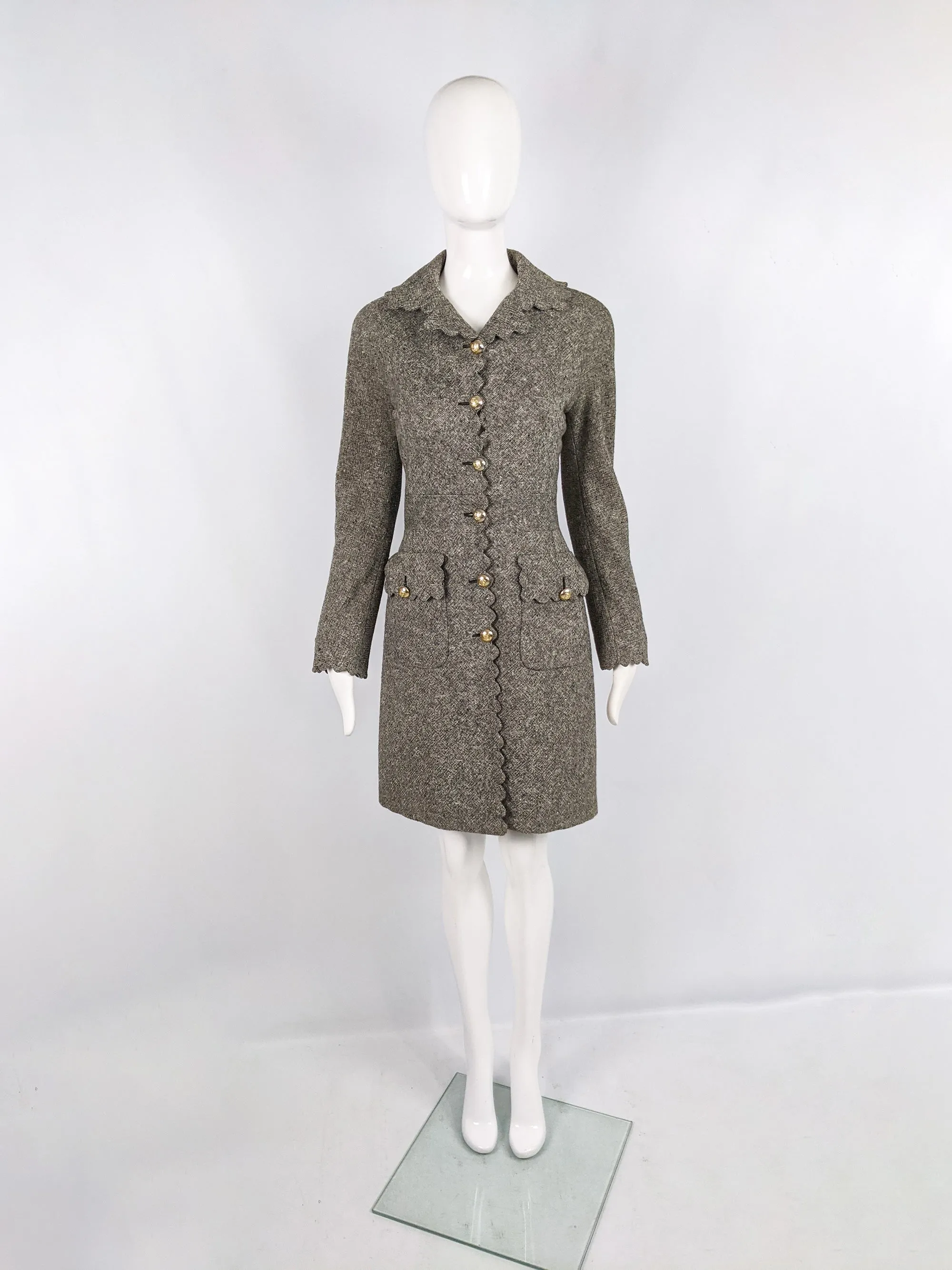 Vintage Womens Scalloped Edge Grey Wool Tweed Coat, 1990s