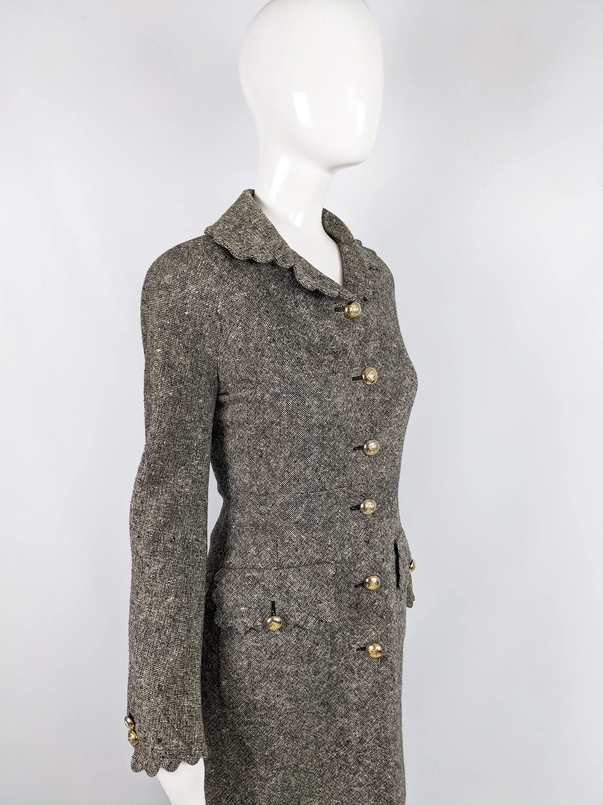 Vintage Womens Scalloped Edge Grey Wool Tweed Coat, 1990s