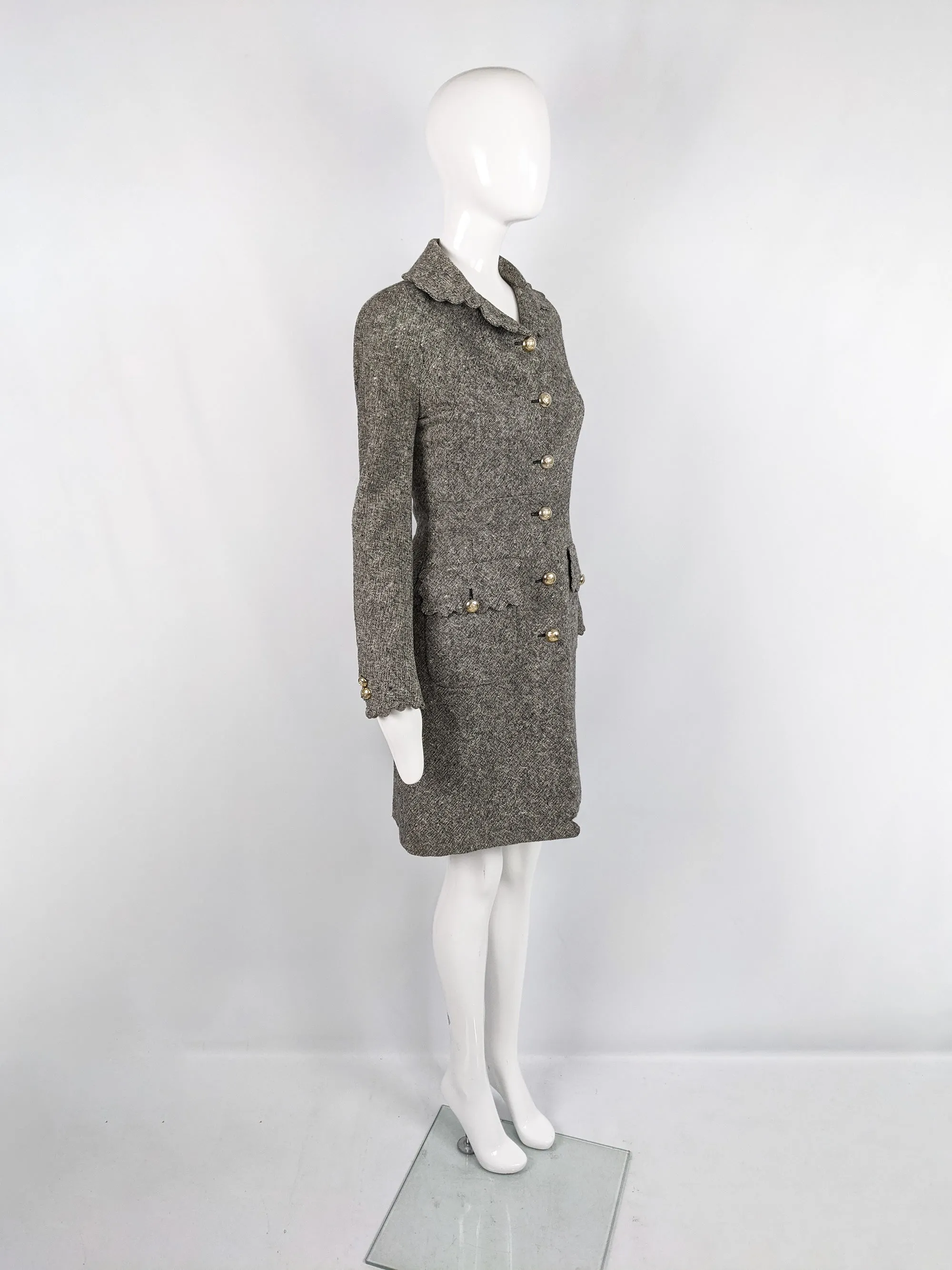 Vintage Womens Scalloped Edge Grey Wool Tweed Coat, 1990s