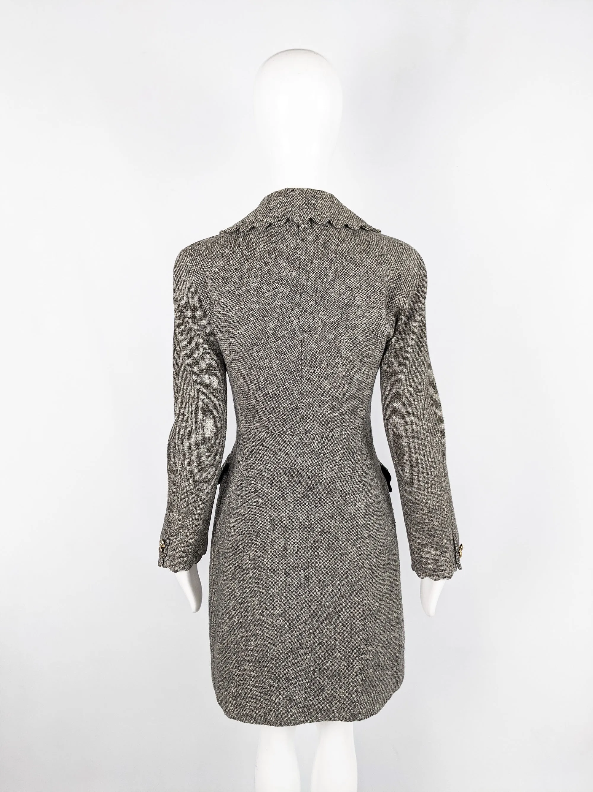 Vintage Womens Scalloped Edge Grey Wool Tweed Coat, 1990s