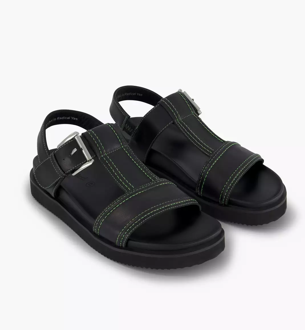 Visby T-Bar Sandal | Black leather with Green Topstitch