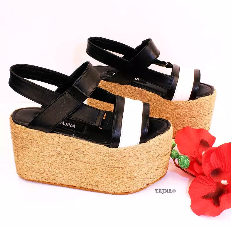 White Black Espadril Wedge Platform Sandals