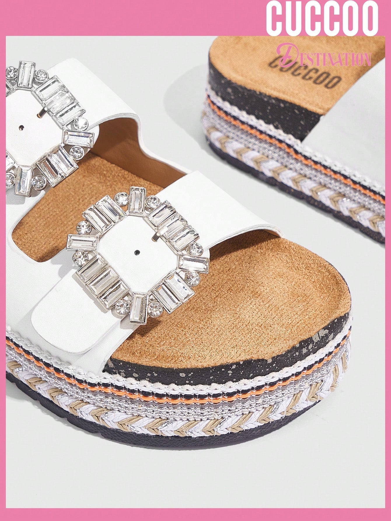 Woman Shoes Comfortable Square Rhinestone Buckle Round Toe Flat/Platform Fashionable Casual Pu Leather White Slippers For Spring