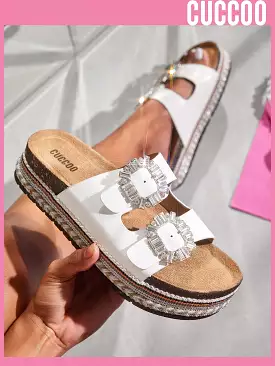 Woman Shoes Comfortable Square Rhinestone Buckle Round Toe Flat/Platform Fashionable Casual Pu Leather White Slippers For Spring