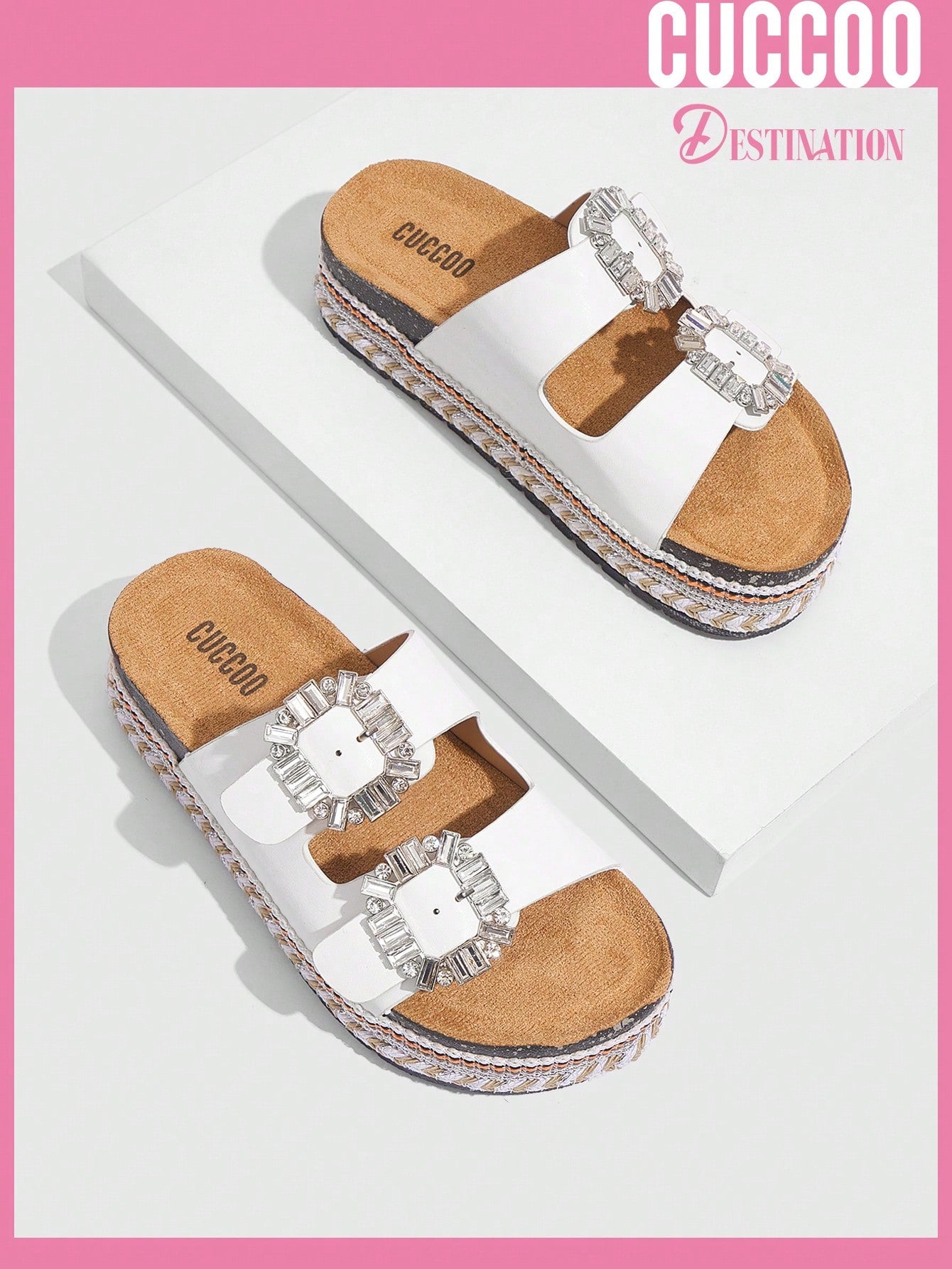 Woman Shoes Comfortable Square Rhinestone Buckle Round Toe Flat/Platform Fashionable Casual Pu Leather White Slippers For Spring