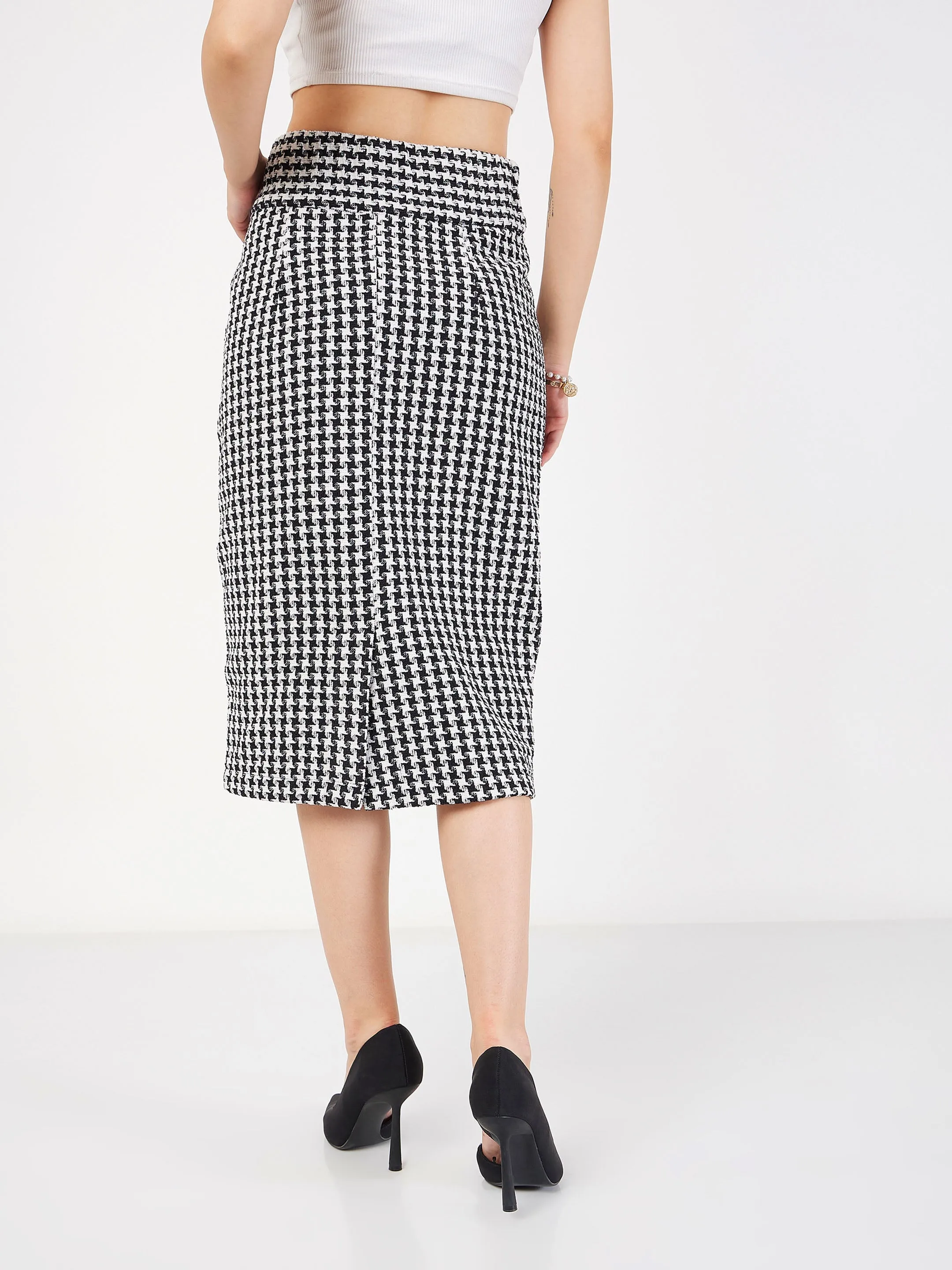 Women Black Geometrical Jacquard Tweed Pencil Skirt