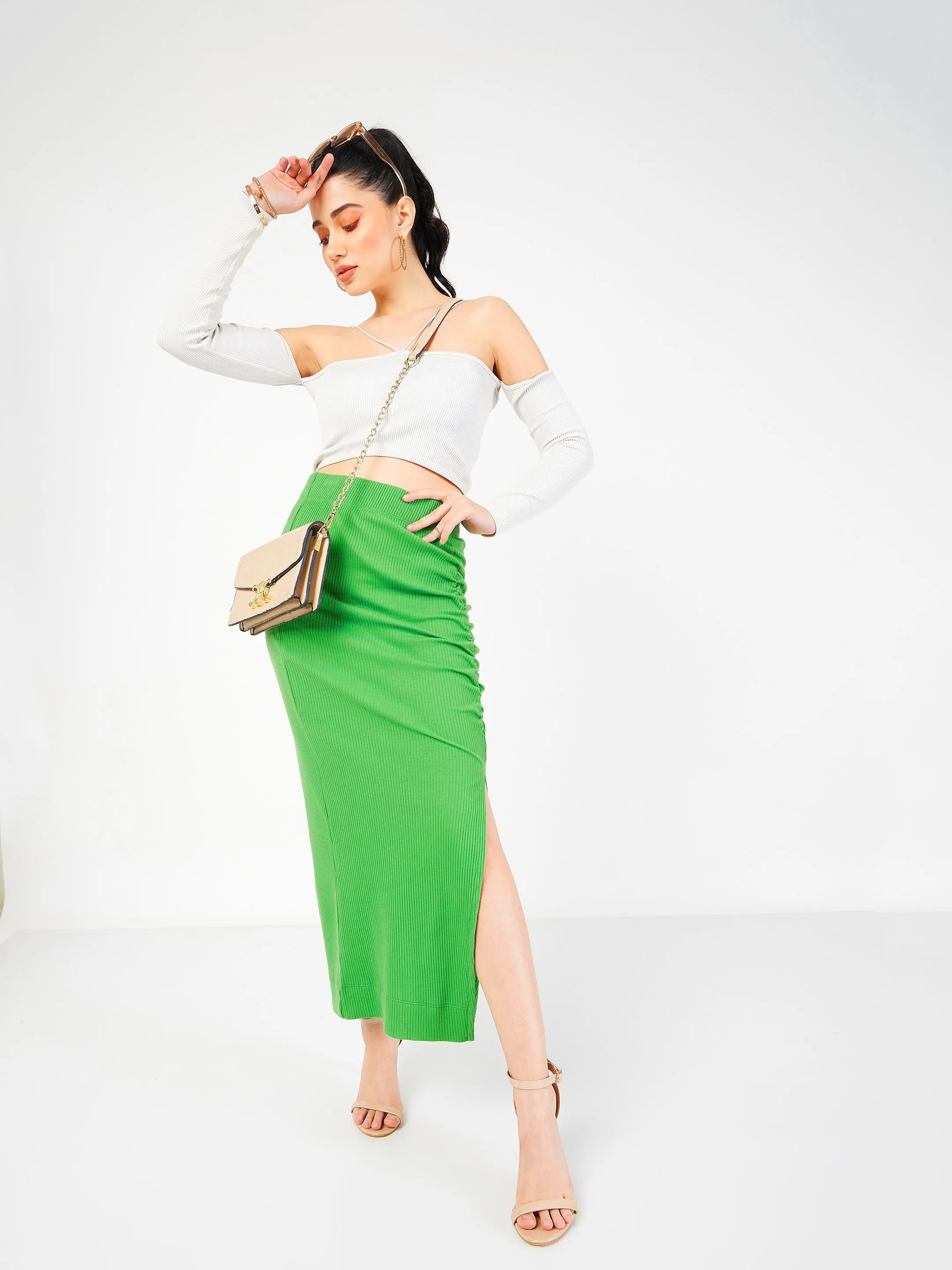 Women Green Rib Front Ruched Midi Skirt