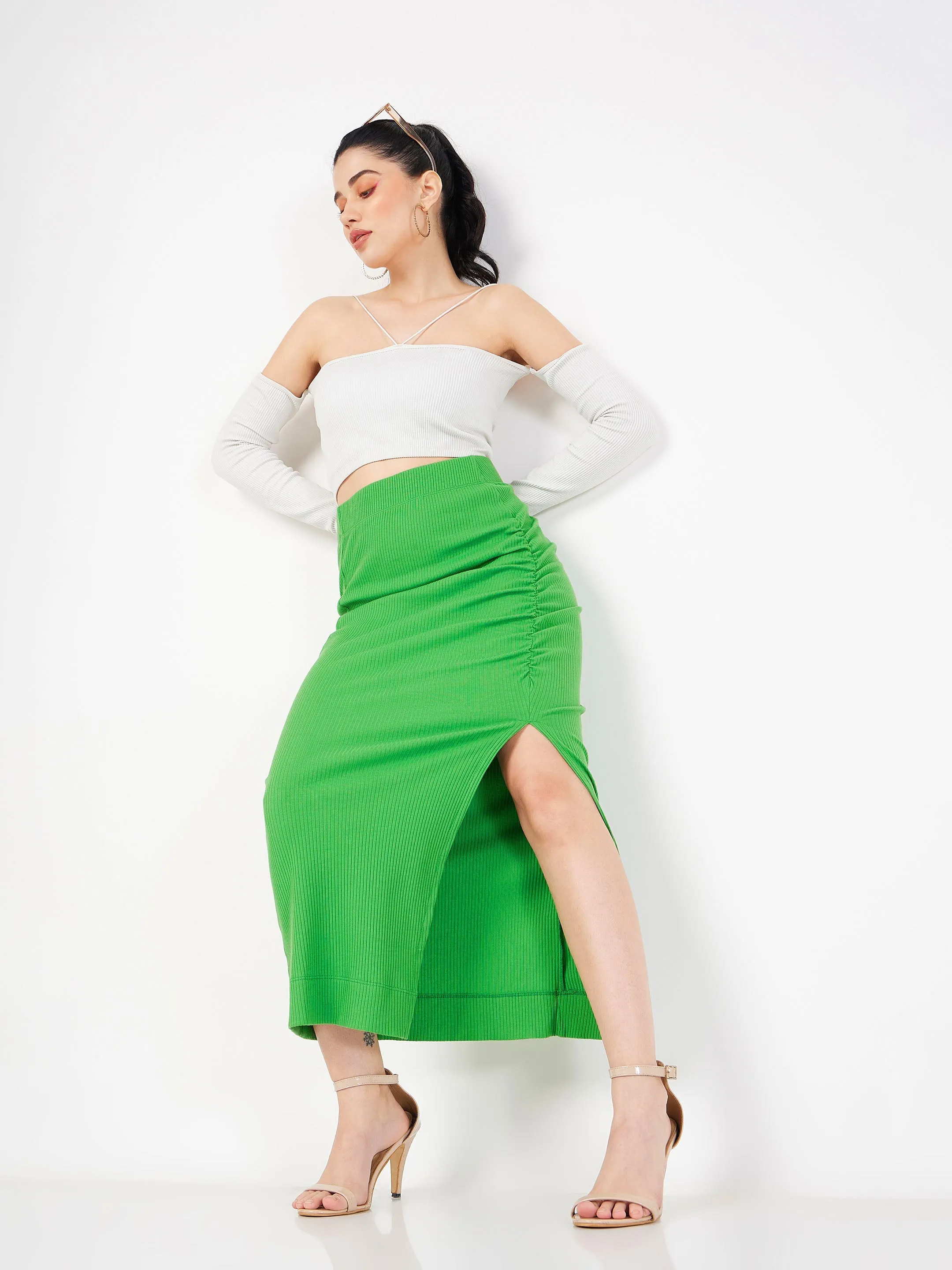 Women Green Rib Front Ruched Midi Skirt