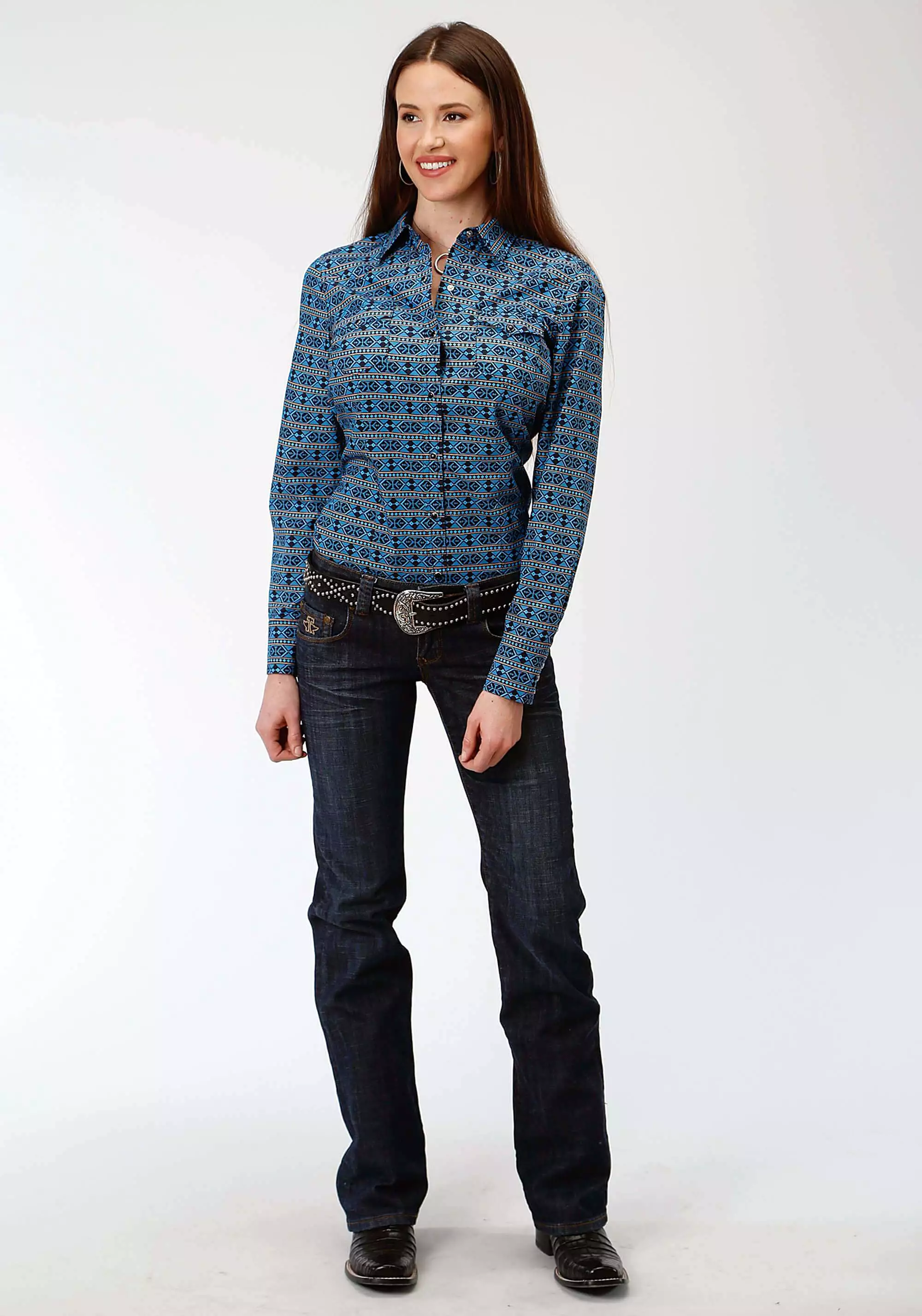 Women's Roper West Made Blue Aztec Long Sleeve Shirt